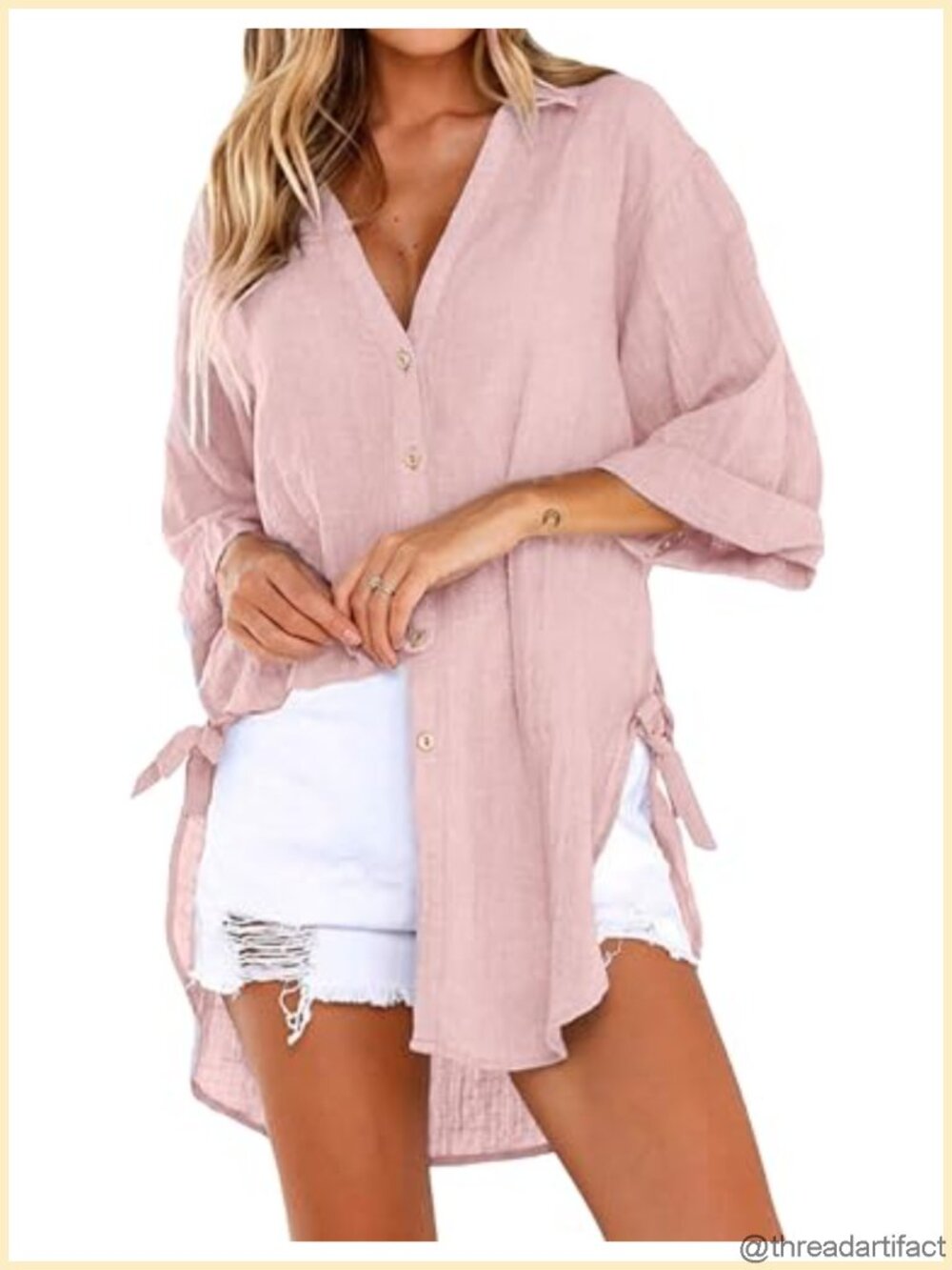 3/4 Sleeve Button Down Tunic Blouse V Neck High Low Hem Women's Shirt